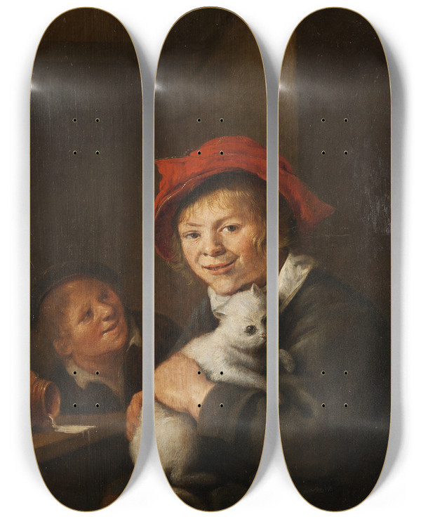 Triptych art skateboard deck of Jan Miense Molenaer Two Boys Playing With A Cat by Jan Miense Molenaer (1610-1668)