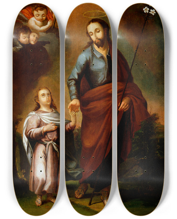 Triptych art skateboard deck of Jos Campeche Y Jordn San Jose Y El Cristo Nino by Jose Campeche Y Jordan (1751-1809)