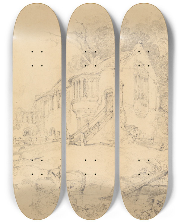 Triptych art skateboard deck of John Sell Cotman Castle Acre Priory Norfolk_1 by John Sell Cotman (1782-1842)