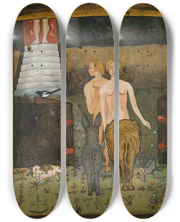 Triptych art skateboard deck of Hugo Simberg Adam And Eve by Hugo Simberg (1873-1917)
