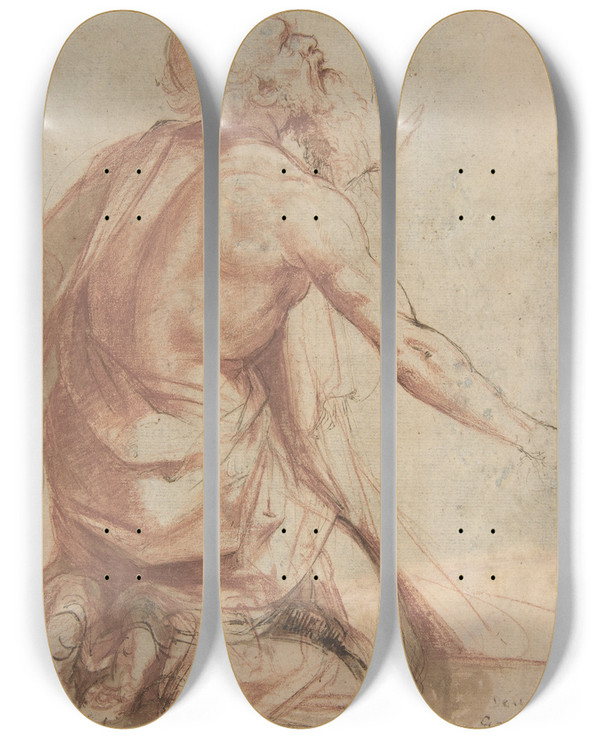 Triptych art skateboard deck of Nosadella Giovanni Francesco Bezzi Kneeling Bearded Old Man by Nosadella (Giovanni Francesco Bezzi) (1549-1571)
