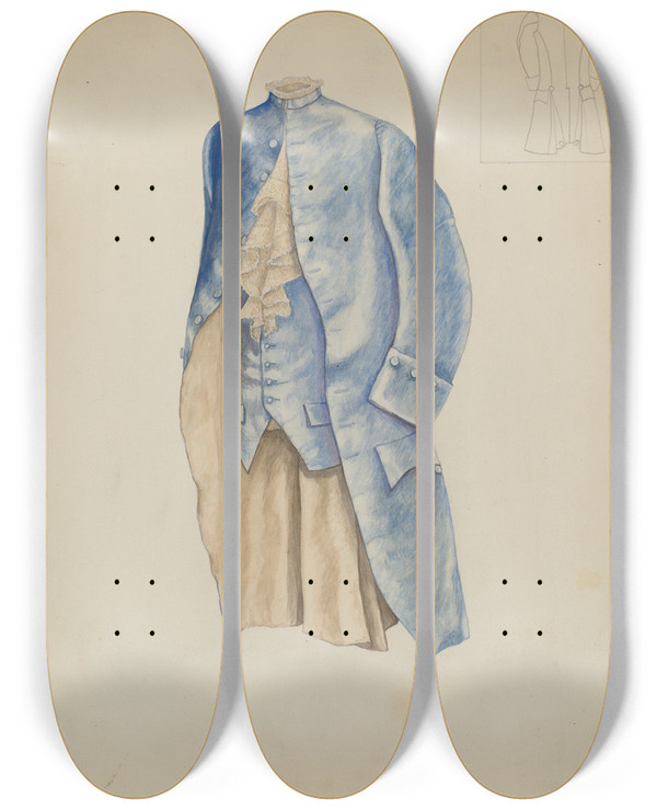 Triptych art skateboard deck of Mary E Humes Mans Coat Waistcoat by Mary E Humes (20-)