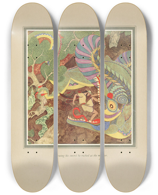 Triptych art skateboard deck of Edmund Dulac Drawing Bis Sword He Rushed At The Monster by Edmund Dulac (1882-1953)