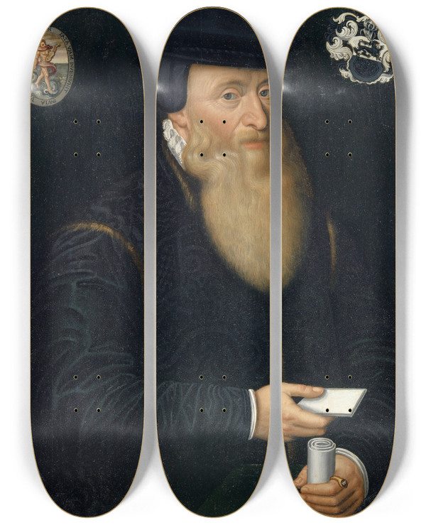 Triptych art skateboard deck of Hans Bock The Elder Portrait Of Johannes Oporinus by Hans Bock The Elder (1550-1624)