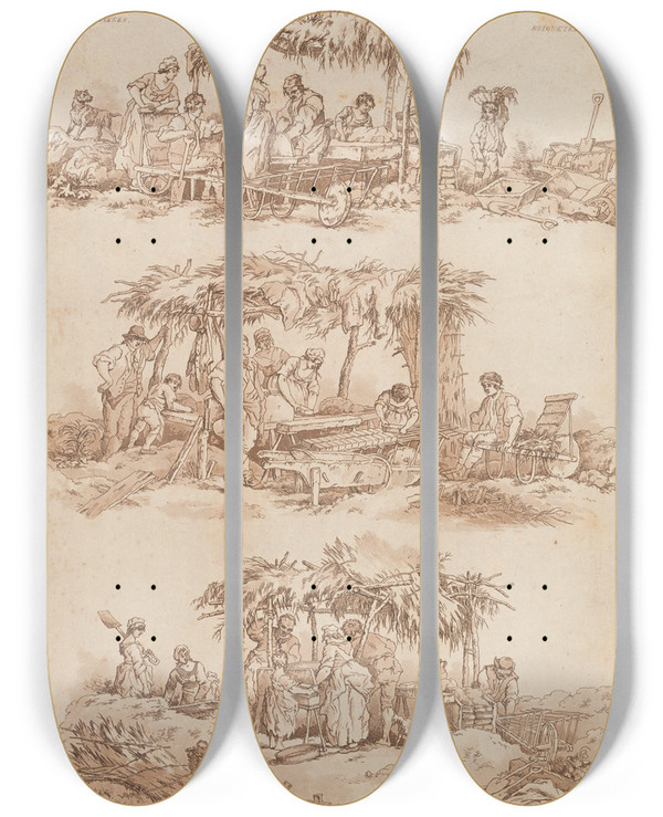 Triptych art skateboard deck of William Henry Pyne Brickmakers by William Henry Pyne (1769-1843)
