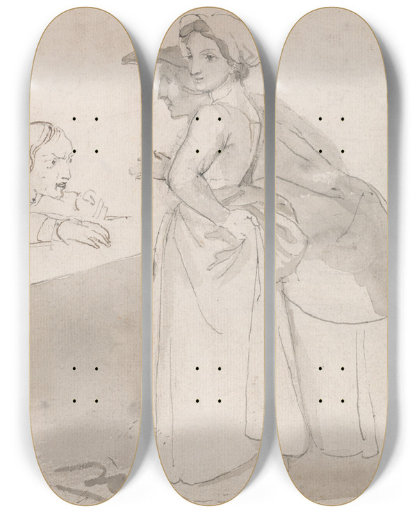 Triptych art skateboard deck of John Flaxman Two Women Talking To A Man At A Counter by John Flaxman (1755-1826)