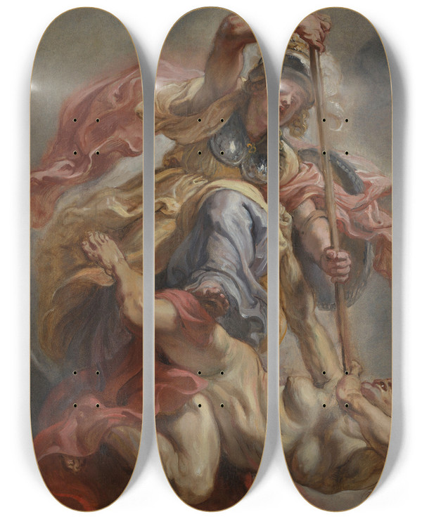Triptych art skateboard deck of Peter Paul Rubens Minerva Overcoming Ignorance by Peter Paul Rubens (1577-1640)