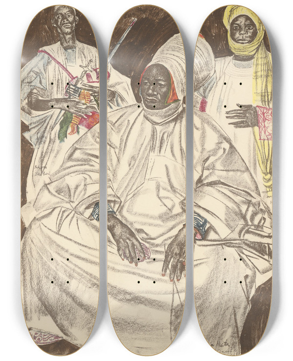 Triptych art skateboard deck of Alexandre Jacovleff Dessins Et Peintures Dafrique Pl 9 by Alexandre Jacovleff (1887-1938)
