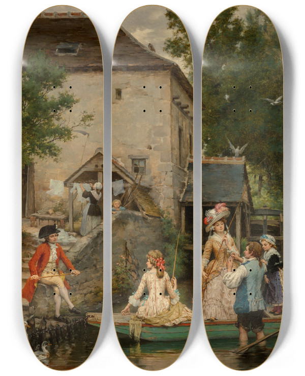Triptych art skateboard deck of Pierre Outin The Boating Party by Pierre Outin (1840-1899)