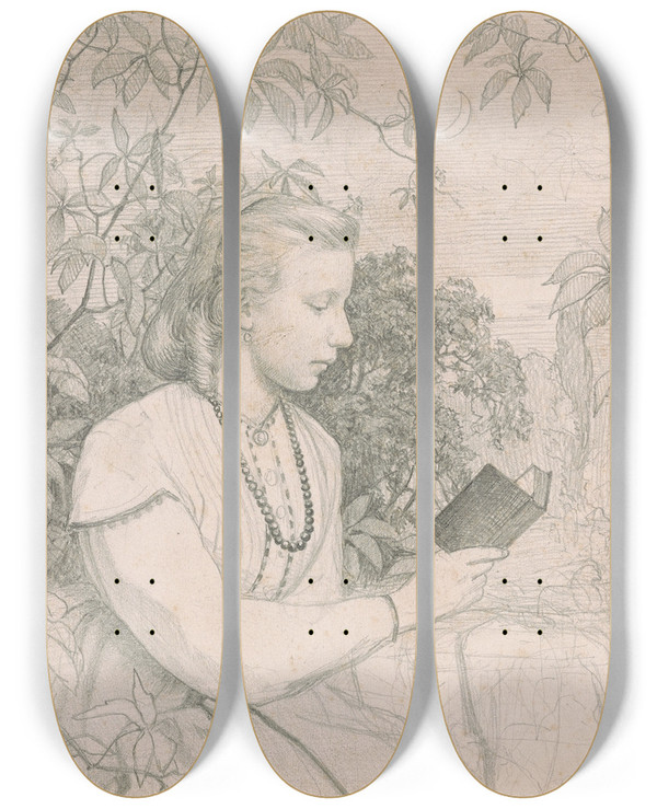 Triptych art skateboard deck of Hans Thoma Study Of Adalberte Schroeter Reading by Hans Thoma (1839-1924)