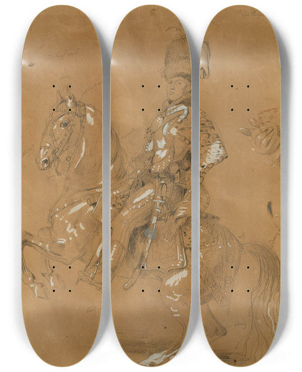 Triptych art skateboard deck of Johann Peter Krafft Theodor Aron De Bistra Zu Pferd by Johann Peter Krafft (1780-1856)