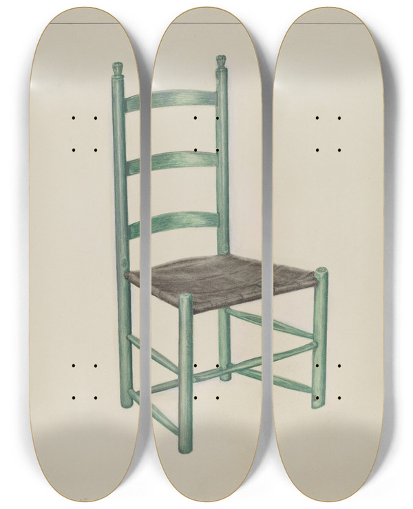 Triptych art skateboard deck of Magnus S Fossum Ladder Back Chair Called Jolting Chair by Magnus S Fossum