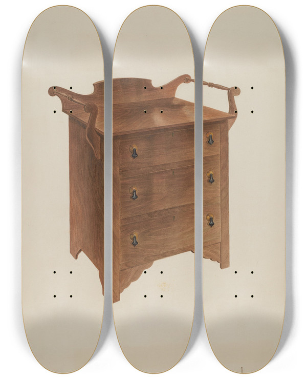 Triptych art skateboard deck of Harry King Walnut Wash Stand by Harry King