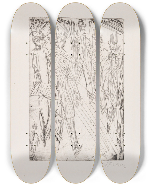 Triptych art skateboard deck of Ernst Ludwig Kirchner Straenszene Mit Hndchen Die Vorbergehenden by Ernst Ludwig Kirchner (1880-1938)
