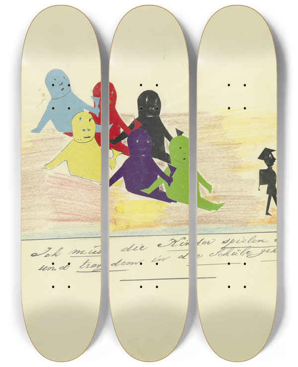 Triptych art skateboard deck of John Elsas Ich Muss Die Kinder Spielen Sehen by John Elsas (1851-1935)