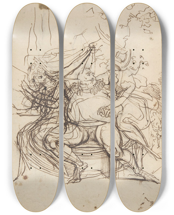 Triptych art skateboard deck of Henry Fuseli Falstaff With Mrs Ford And Mrs Page Shakespeare The Merry Wives Of Windsor Act 5 Scene 5 by Henry Fuseli (1741-1825)