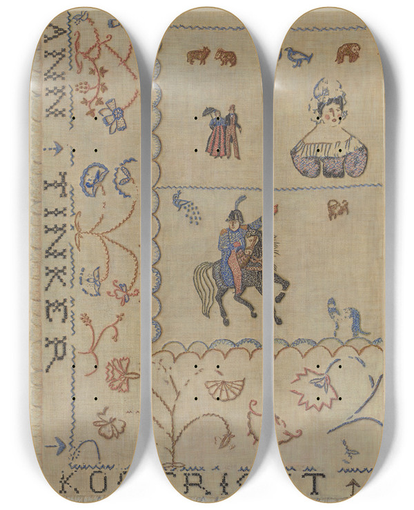Triptych art skateboard deck of Regina Henderer Coverlet by Regina Henderer