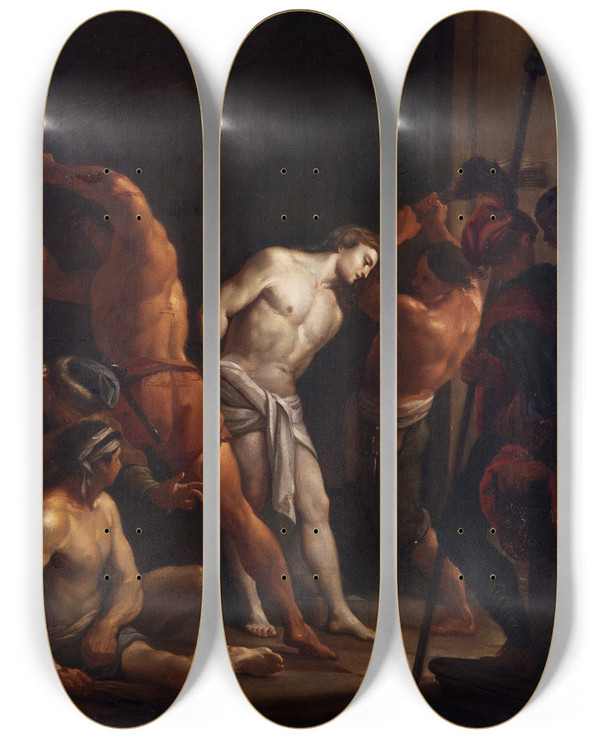 Triptych art skateboard deck of After Francesco Trevisani The Flagellation Of Christ by After Francesco Trevisani (1656-1746)