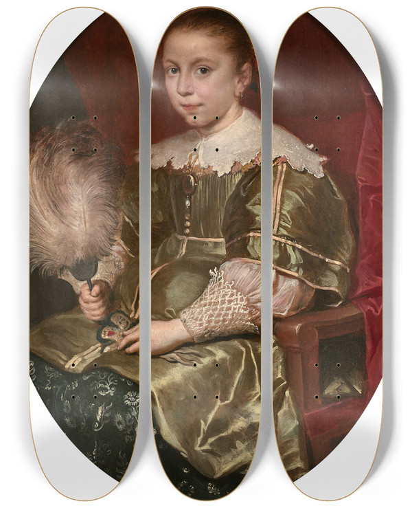 Triptych art skateboard deck of Cornelis De Vos Portrait De Jeune Fille Lventail by Cornelis de Vos (1584-1651)
