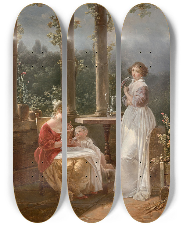 Triptych art skateboard deck of Jeanbaptiste Mallet La Lecture by Jean-Baptiste Mallet (1759-1835)