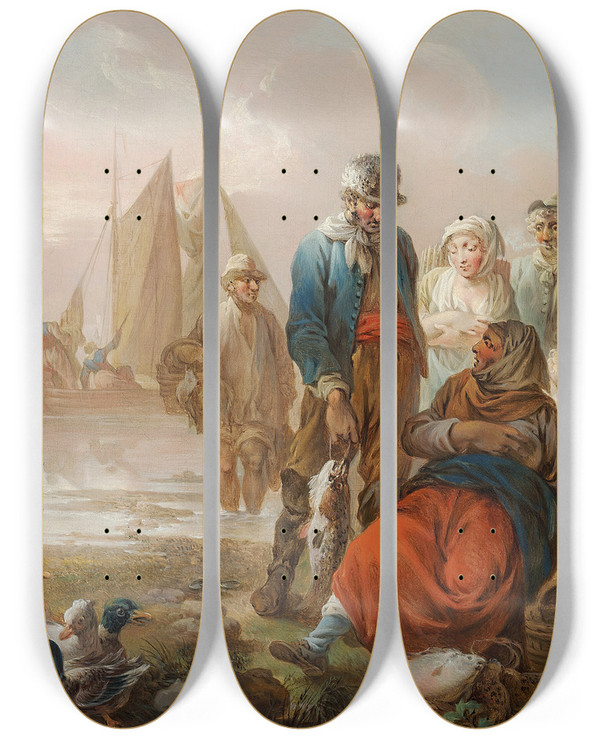 Triptych art skateboard deck of Christian August Lorentzen Sjllandske Fiskere by Christian August Lorentzen (1749-1828)