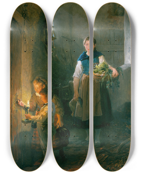Triptych art skateboard deck of Felix Schlesinger Kchenmagd Mit Kindern Im Vorratskeller by Felix Schlesinger (1833-1910)