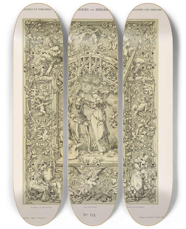 Triptych art skateboard deck of Albert Ilg Allegorien Und Embleme Vol I Pl149 by Albert Ilg (1847-1896)