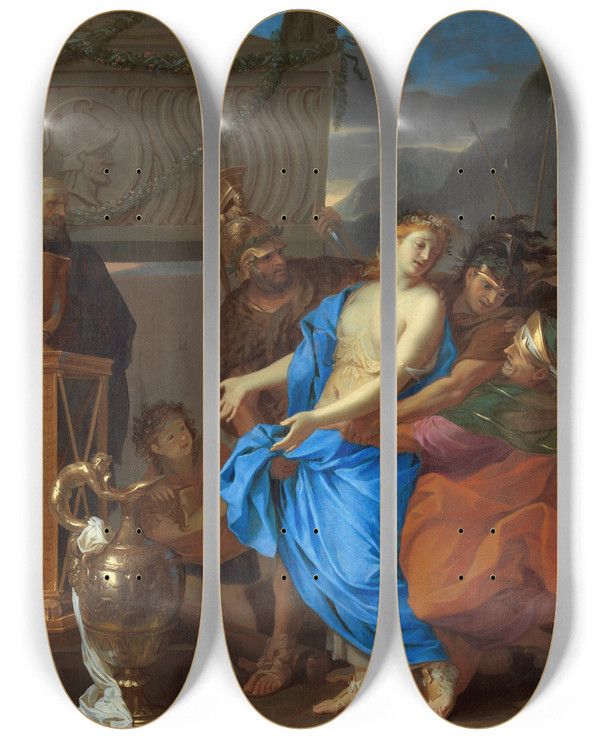 Triptych art skateboard deck of Charles Le Brun The Sacrifice Of Polyxena by Charles Le Brun (1619-1690)