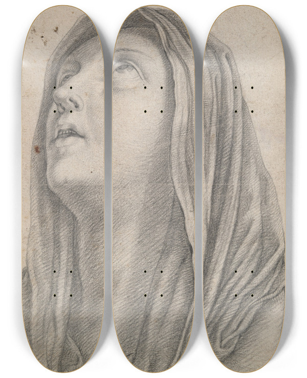 Triptych art skateboard deck of Carlo Dolci Head Of The Virginmary by Carlo Dolci (1616-1687)