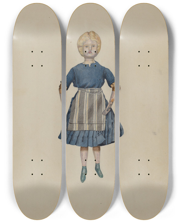 Triptych art skateboard deck of William Frank Pewter Doll by William Frank