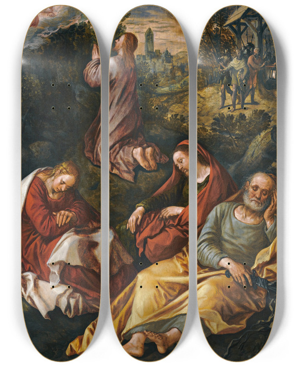 Triptych art skateboard deck of Joachim Beuckelaer The Agony In The Garden by Joachim Beuckelaer (1530-1574)
