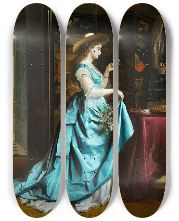 Triptych art skateboard deck of Eugne Accard Young Lady With A Parrot by Eugene Accard (1824-1888)