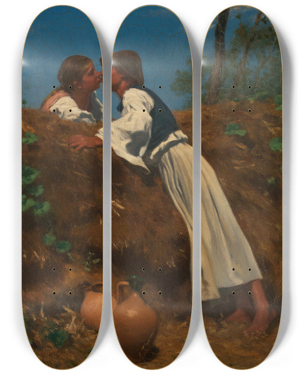 Triptych art skateboard deck of August Von Pettenkofen Der Kuss Ii by August Von Pettenkofen (1822-1889)