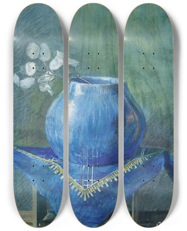 Triptych art skateboard deck of Egon Schiele Still Life Of A Moneyplant Branchin Blue Vase by Egon Schiele (1890-1918)