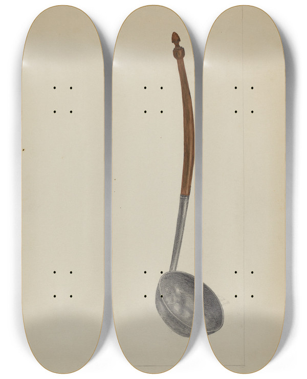 Triptych art skateboard deck of Meyer Goldbaum Pewter Ladle by Meyer Goldbaum