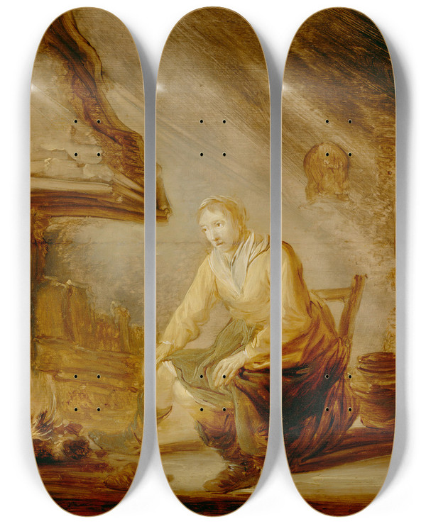 Triptych art skateboard deck of Benjamin Gerritsz Cuyp Woman Before A Fire by Benjamin Gerritsz Cuyp (1612-1652)