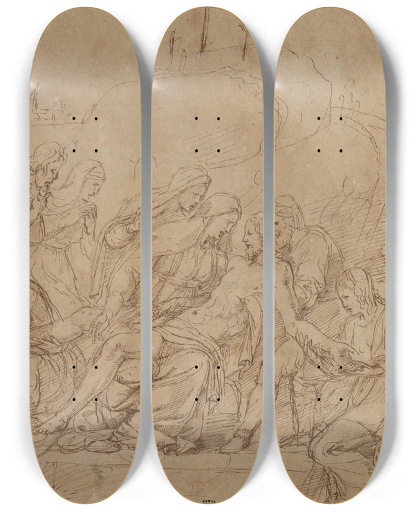 Triptych art skateboard deck of Giulio Romano Lamentation by Giulio Romano (1492-1546)