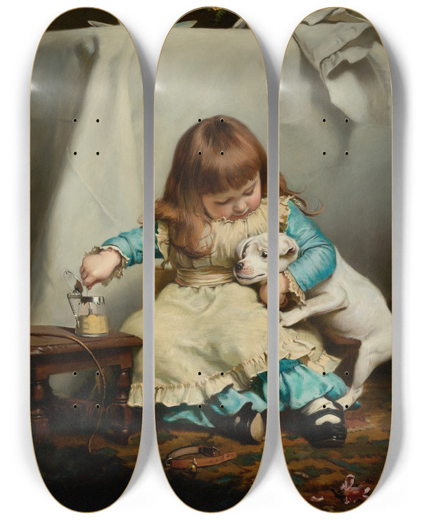 Triptych art skateboard deck of Charles Burton Barber Once Bit Twice Shy by Charles Burton Barber (1845-1894)