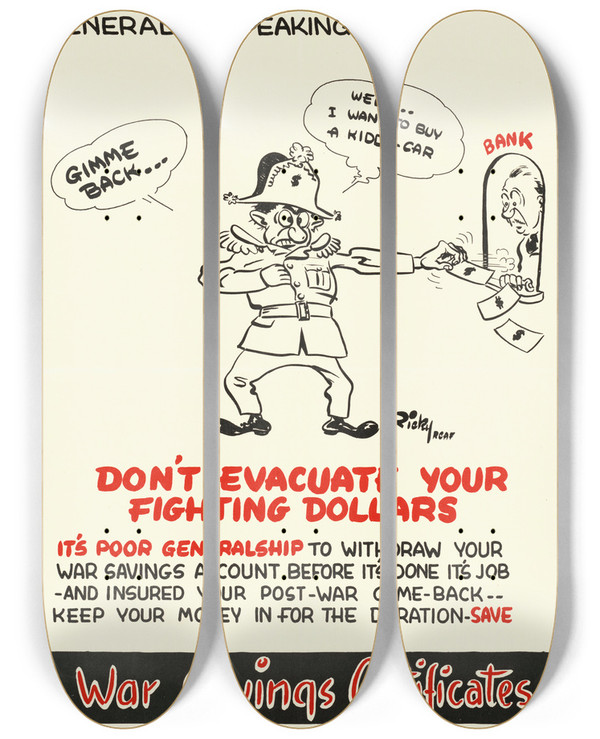 Triptych art skateboard deck of Ricky Rcaf Dont Evacuate Your Fighting Dollars by Ricky RCAF (20-)