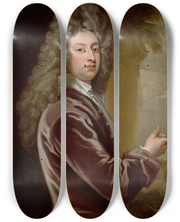 Triptych art skateboard deck of Sir Godfrey Kneller Portrait Of William Congreve by Sir Godfrey Kneller (1646-1723)