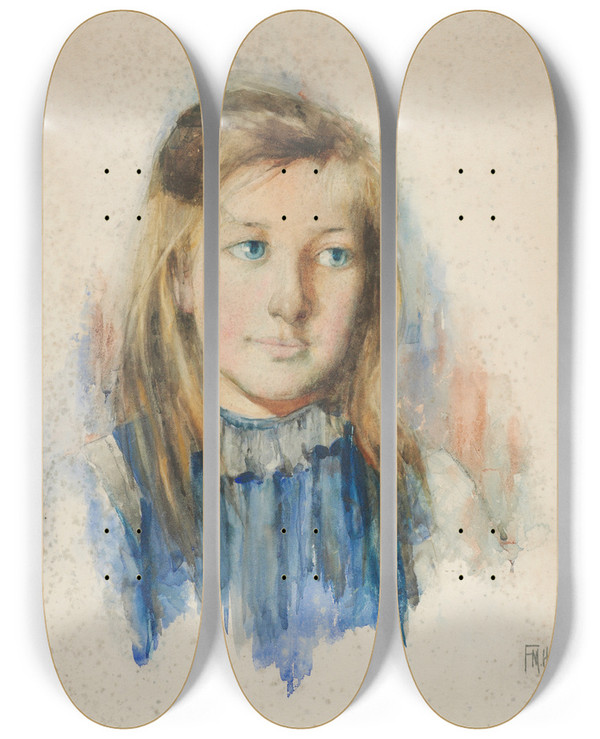 Triptych art skateboard deck of Frances Hodgkins The Girl With Flaxen Hair by Frances Hodgkins (1869-1947)