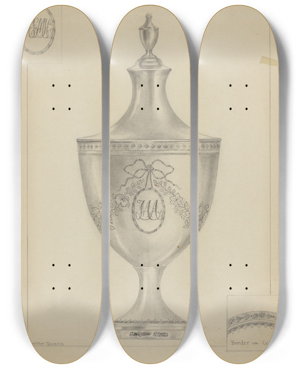 Triptych art skateboard deck of Hester Duany Silver Sugar Bowl_4 by Hester Duany (1891-1964)