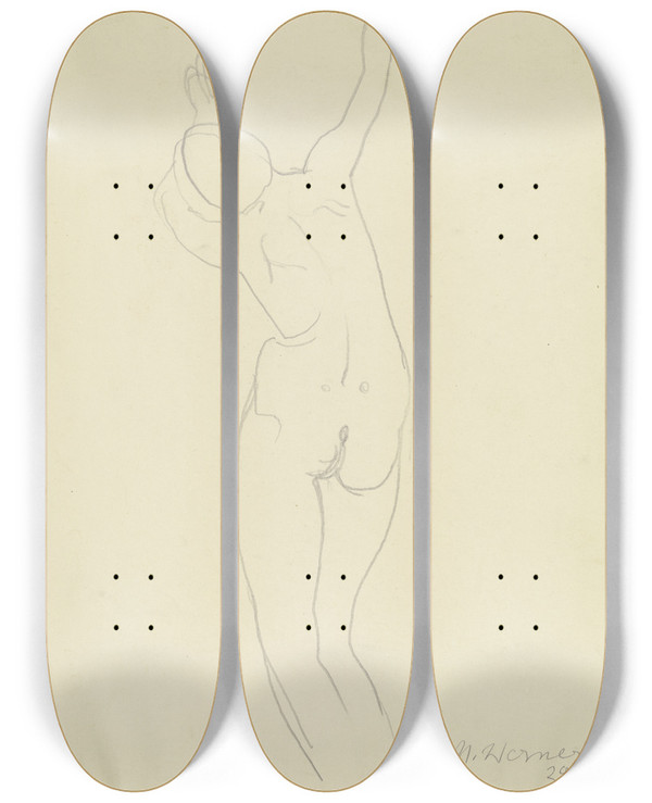 Triptych art skateboard deck of Richard Martin Werner Female Nude Standing by Richard Martin Werner (1903-1949)