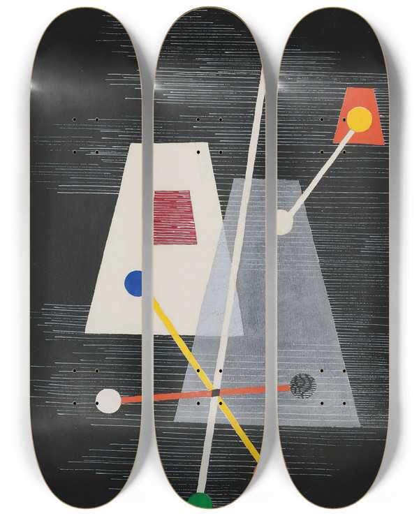 Triptych art skateboard deck of Lszl Moholynagy Truncated Pyramids by Laszlo Moholy Nagy (1895-1946)