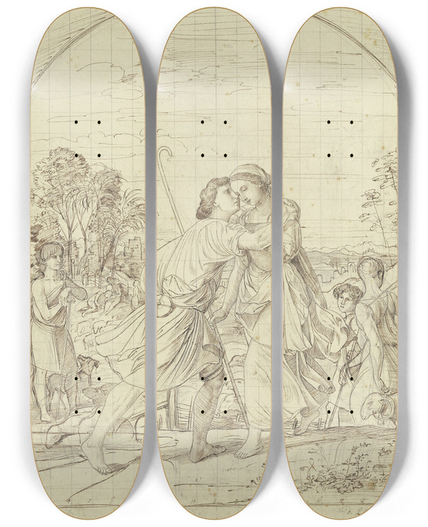 Triptych art skateboard deck of Julius Schnorr Von Carolsfeld Jacob And Rachel_2 by Julius Schnorr Von Carolsfeld (1794-1872)