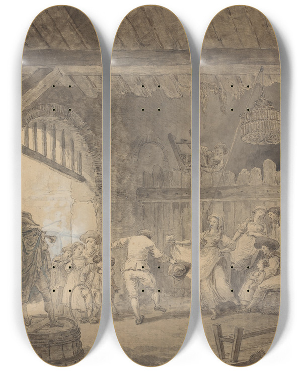 Triptych art skateboard deck of Hubert Robert The Peasant Dance by Hubert Robert (1733-1808)