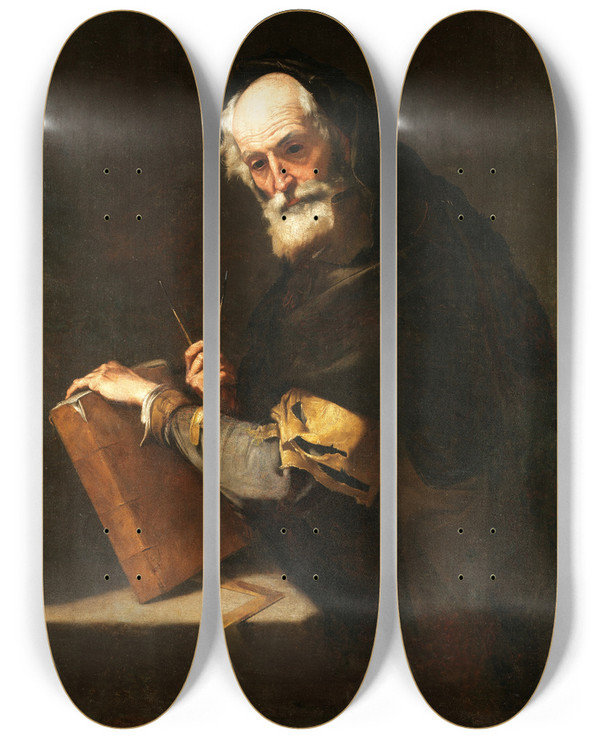Triptych art skateboard deck of Jusepe De Ribera A Philosopher Presumed To Be Archimedes by Jusepe de Ribera (1591-1652)