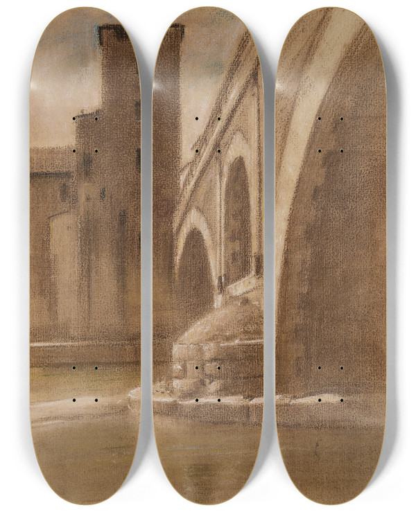 Triptych art skateboard deck of Adolf Hirmyhirschl Ponte Dei Quattro Capi In Rom by Adolf Hiremy Hirschl (1860-1933)
