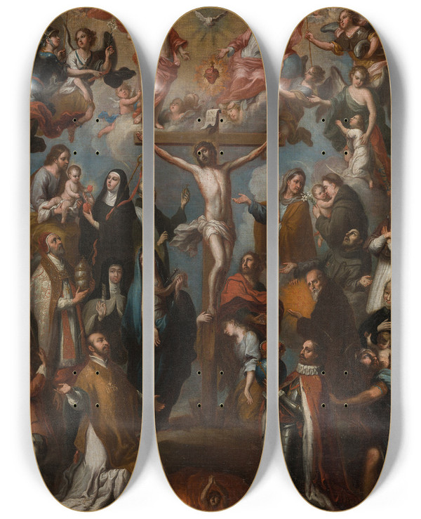 Triptych art skateboard deck of Francisco Antonio Vallejo Allegory Of The Crucifixion With Jesuit Saints Alegora De La Crucifixin Con Santos Jesuitas by Francisco Antonio Vallejo (1722-1785)