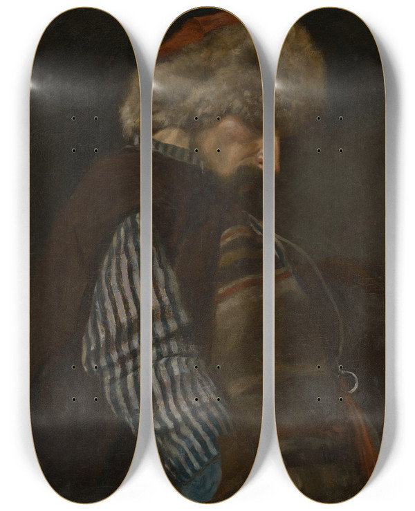 Triptych art skateboard deck of Edward Mateusz Jan Rmer A Peasant With Fur Cap by Edward Mateusz Jan Romer (1848-1900)